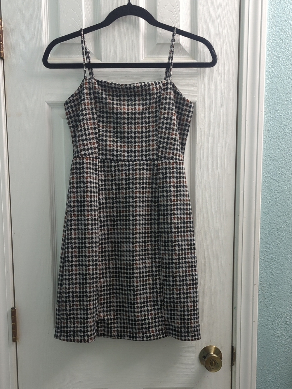 Altar'd State Houndstooth Spaghetti-Strap Mini Dress in Black & Brown